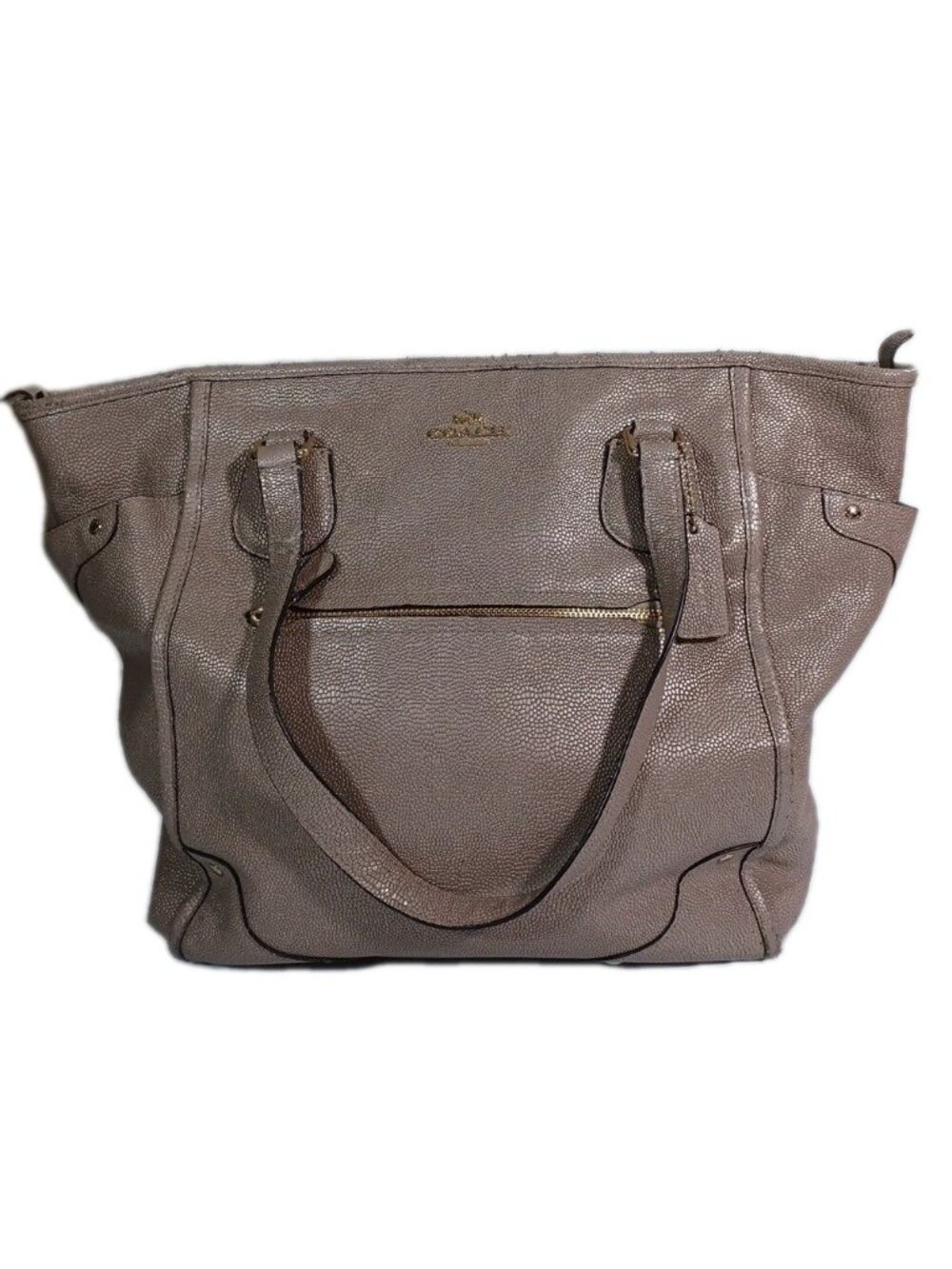 Coach Mickie 18x14 Zipper Pebbled Leather Tote Metallic Taupe Gold Hardware - Picture 3 of 16